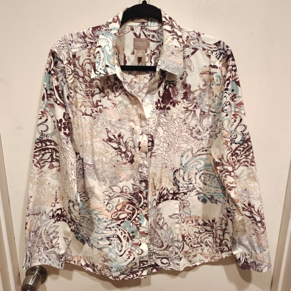 Chico's Multicolor Paisley Print Wrinkle Resistant Button Down Shirt Sz 3(XL)